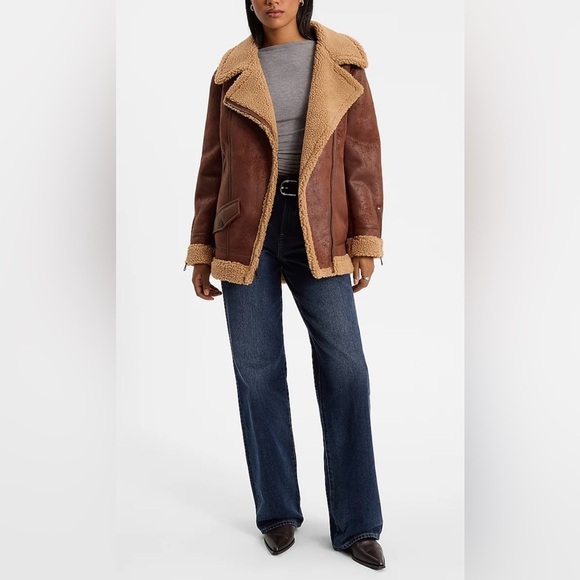 NWT Express  	
FAUX SUEDE SHERPA MOTO JACKET Hickory Shearling Jacket size XS - Picture 2 of 5